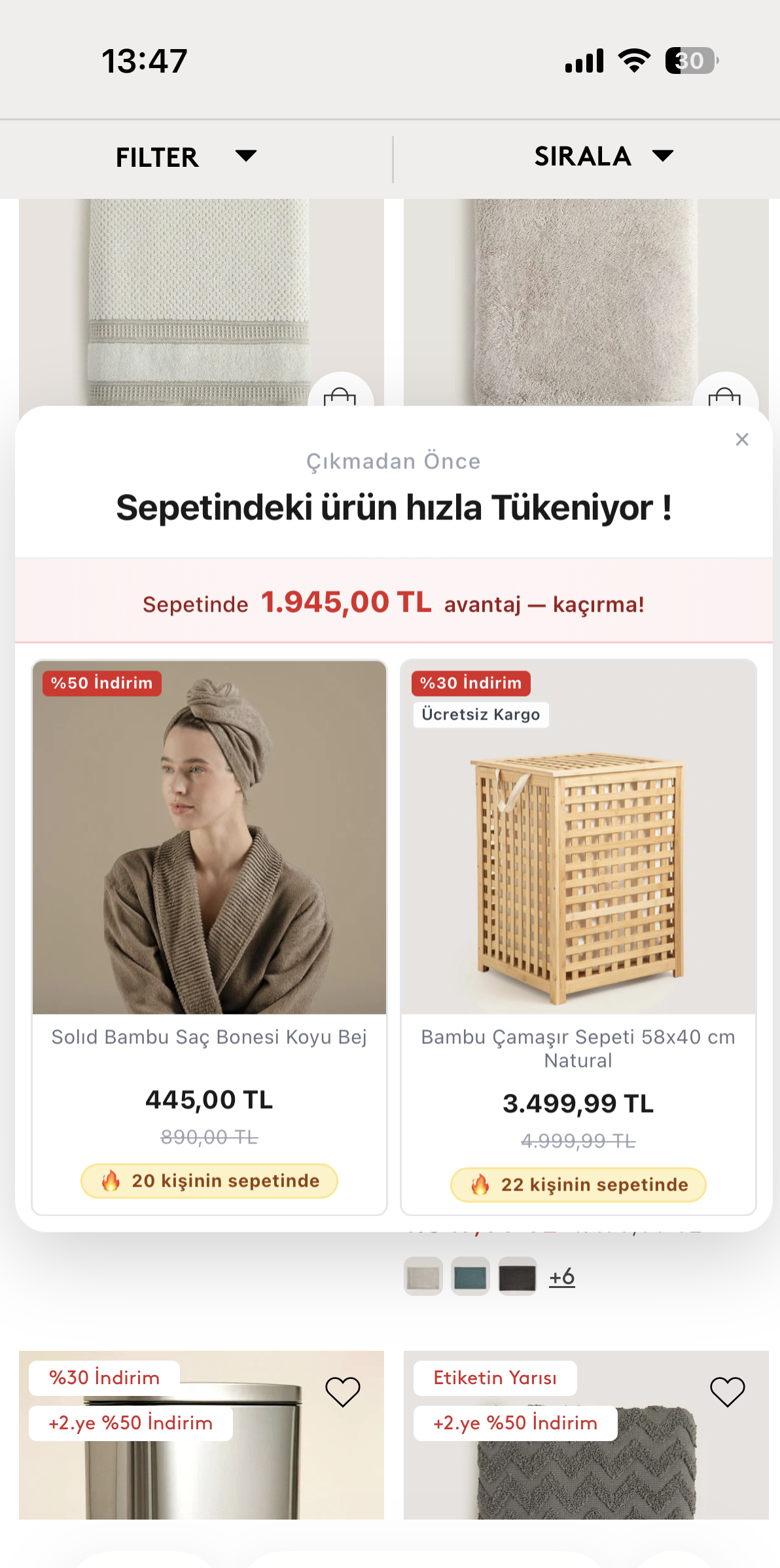 Flowysense sepet hatırlatma popup'ı